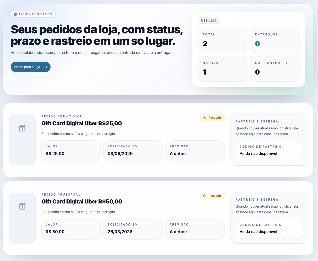 Histórico de Extrato e Loja Integrada