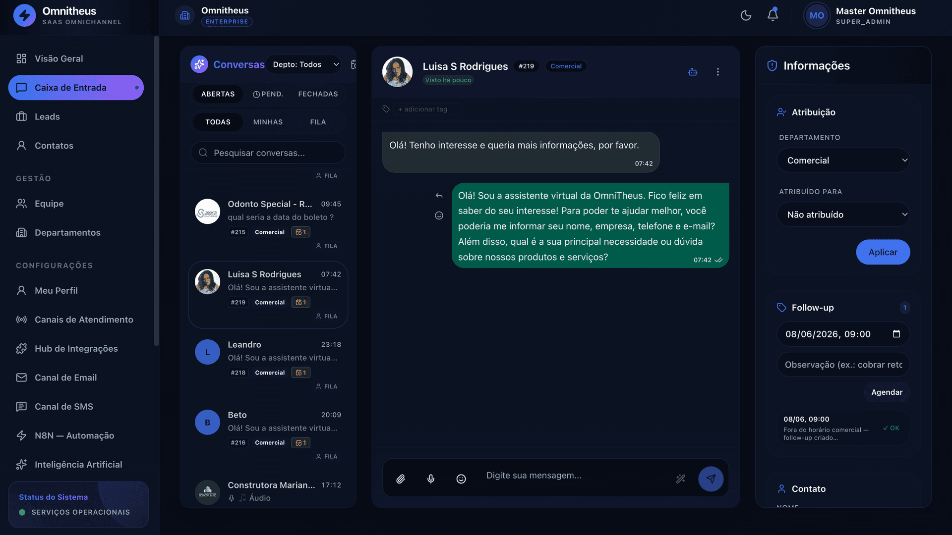 Caixa de entrada unificada da Omnitheus com conversas de WhatsApp, Instagram e webchat