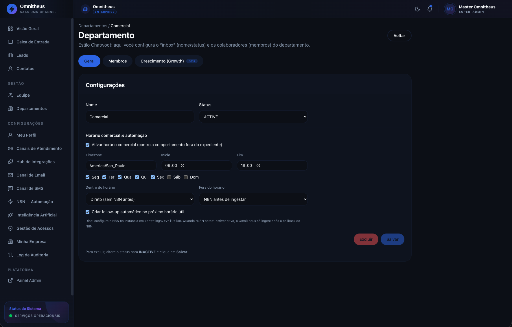 Configuração de departamento com automação por IA